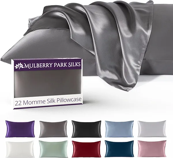 Mulberry Park 100% Silk Pillowcase - 22 Momme, Grade 6A Mulberry Silk - Hidden Zipper Closure - Gunmetal/Queen (20" x 30")