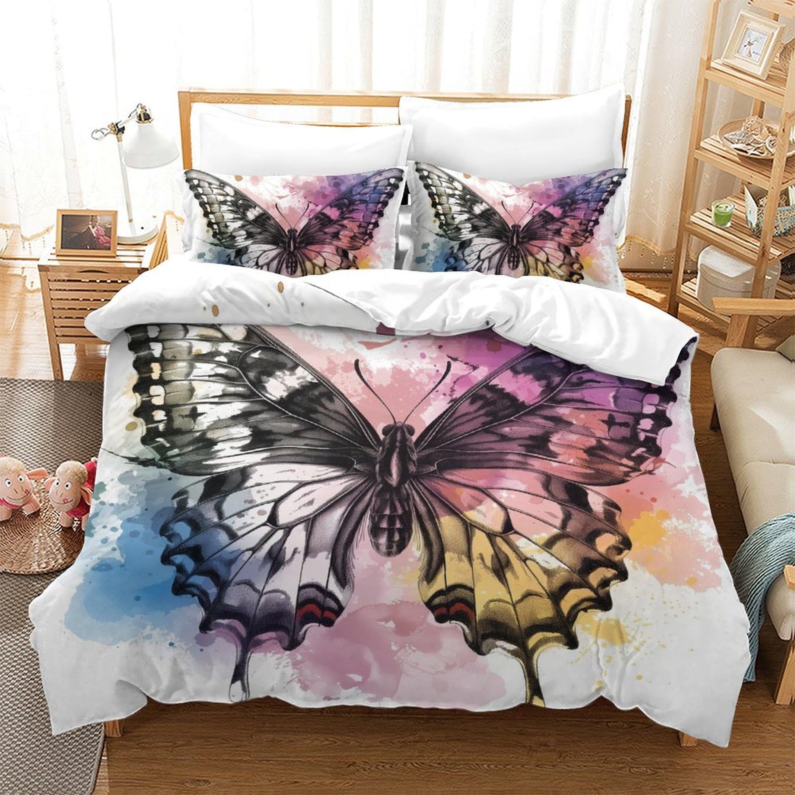 Parure de lit 3pcs microfibre 200x200 housse de couette ado fermeture éclair papillon