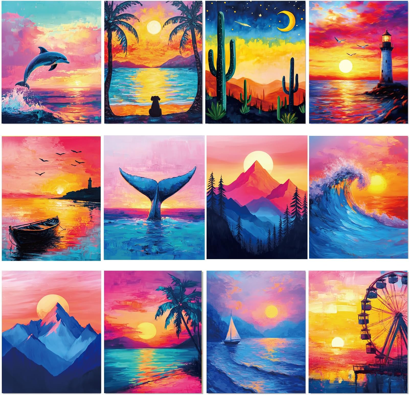 Sherr 12 Pcs Pre Drawn Canvas Pre Printed Canvas Set for Adults Cute Printed to Paint Set Theme Painting for Summer Party Favor(Beautiful Scenery,8 x 10 Inch)