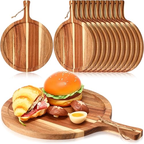 Tanlade Tabla de cortar de madera, bandeja redonda de madera para servir con asa, tablas de cortar de acacia, remo de charcutería para pizza, pan,