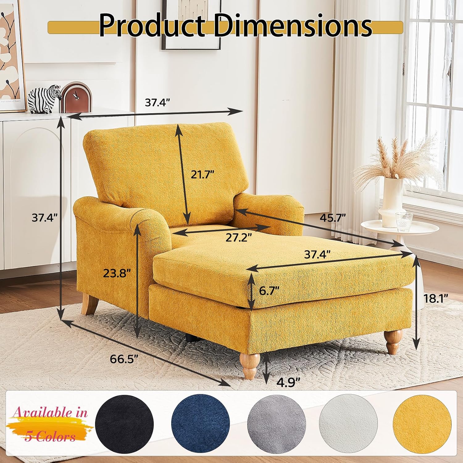 Chaise Lounge Chair Indoor, 66.5" Oversized Chaise, Chenille Reading Chairs with 3-Gear Adjustable Backrest, Lounger Chair Indoor with Pillow and Armrests for Living Room and Apartment (Yellow)