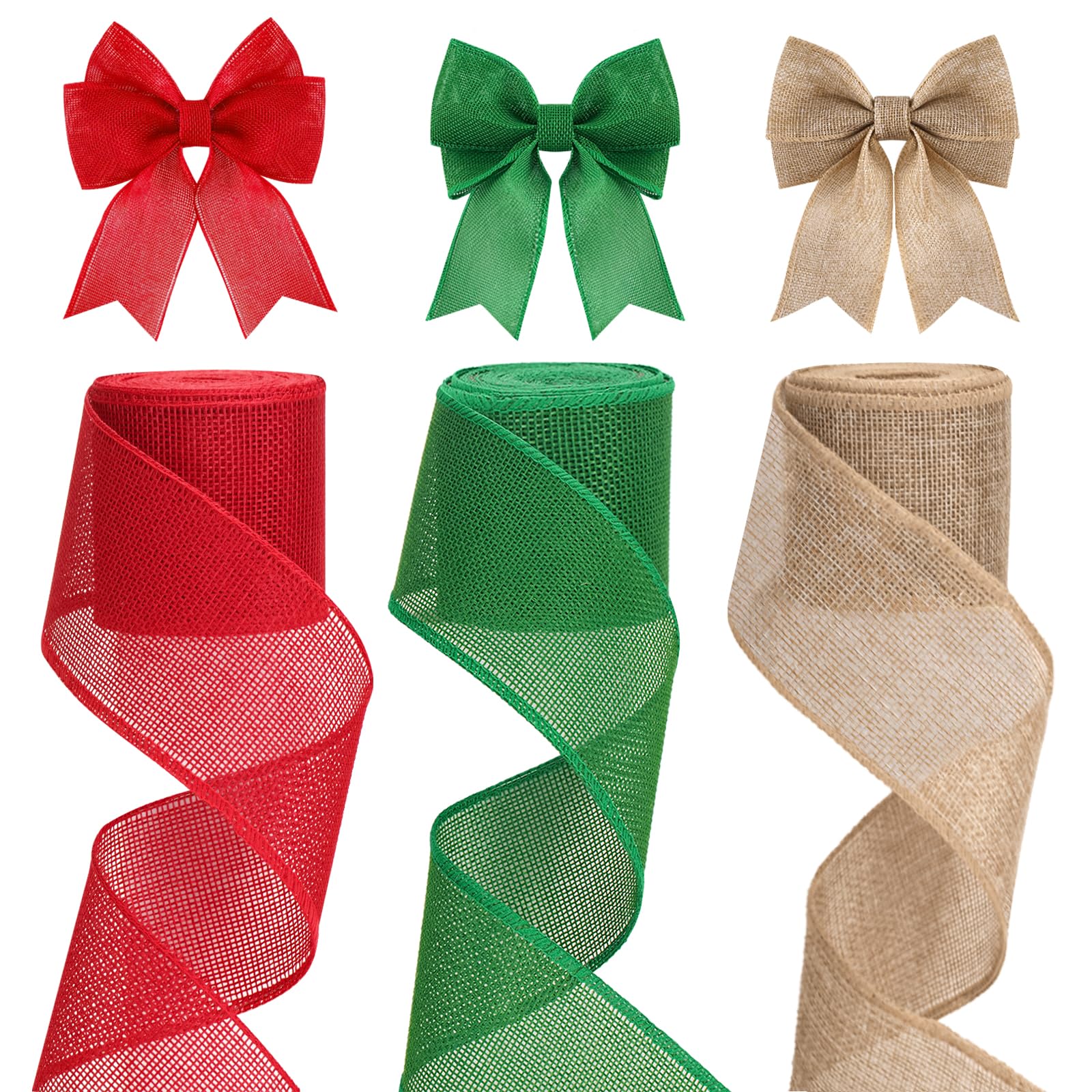 KINGLAKE 3 Rolls x 6 Yards Christmas Wired Ribbon for Wreath Bows Making, 2.5 Inch Red Green Brown Burlap Wide Hessian Ribbon for Gift Wrapping Xmas Tree Decorations