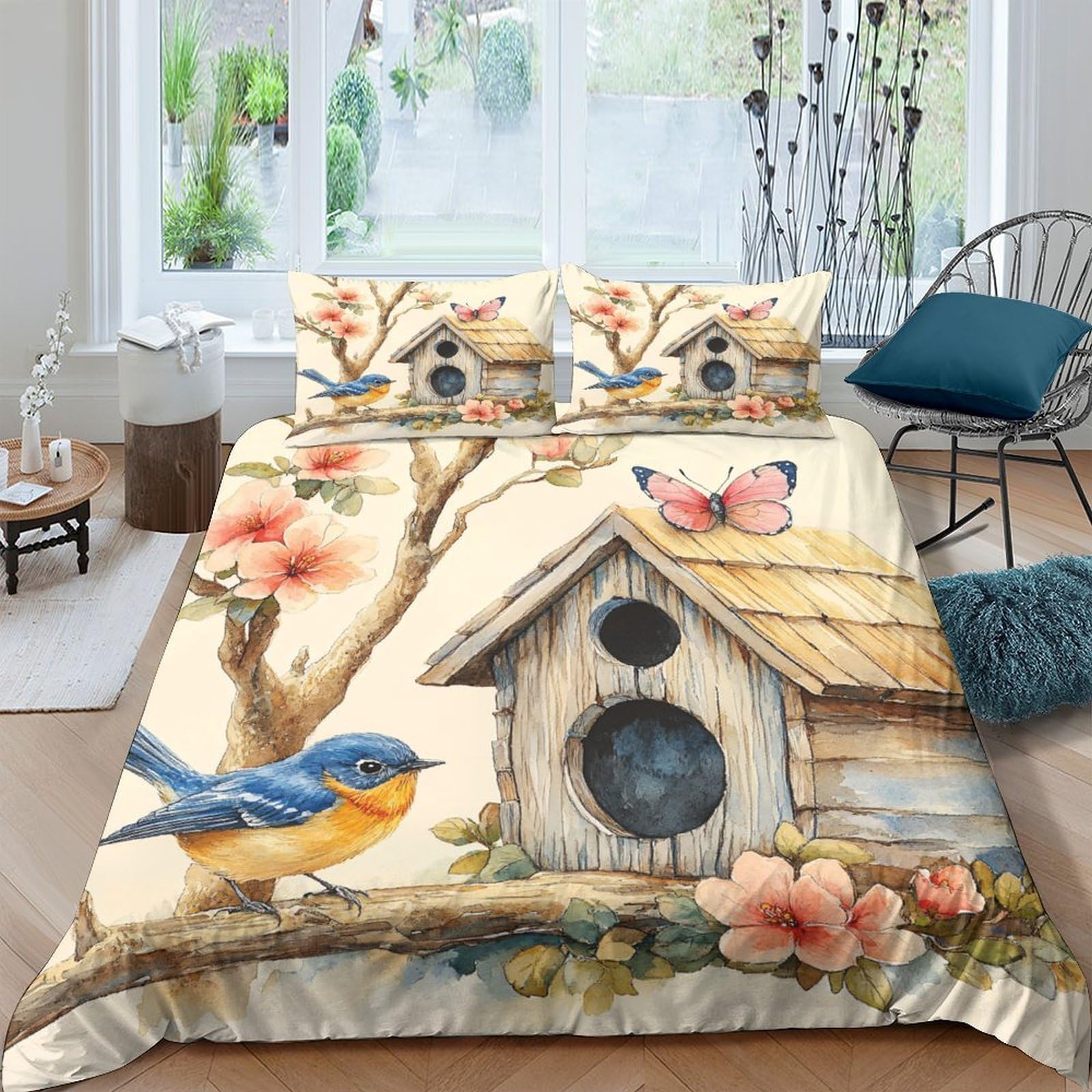 Ctjqhvkz Style-8 3D Printed Birdhouse Blossom Fitted Sheet Microfiber Soft Bed Sheet For Bedroom Dorm Decor Mattress Protection Single（135X200cm）
