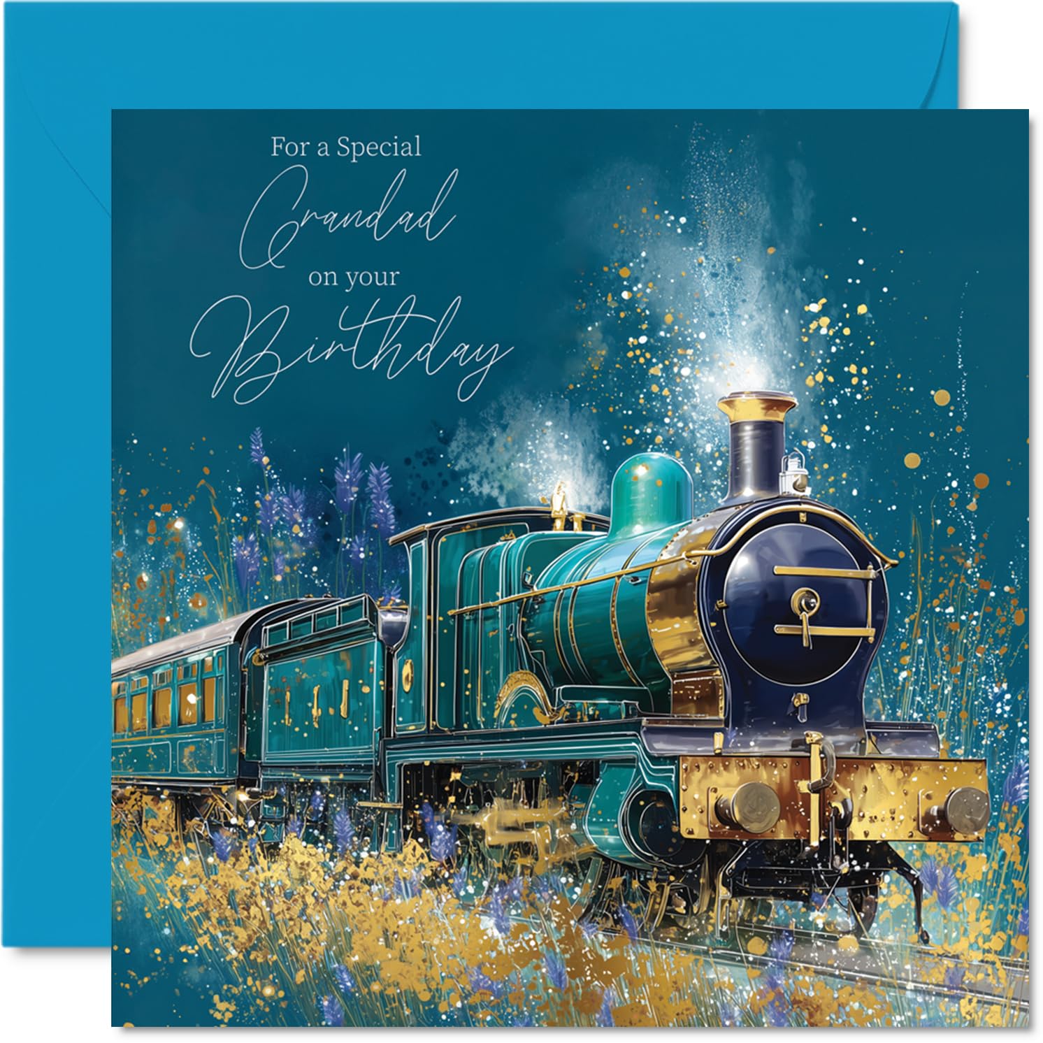 Gold Grandad Birthday Card - Gold Train - Happy Birthday Card for Grandad from Grandson Granddaughter, 145mm Golden Train Bday Greeting Cards