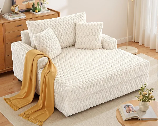 Oversized Chaise Lounge Chair Indoor:53'' Comfy Reading Chair Fluffy Plush Cozy Couch Sofa Bed with Armrests and Pillows - Chaise Large Modern Sleeper Sofa for Living Room,Bedroom Milky Whit