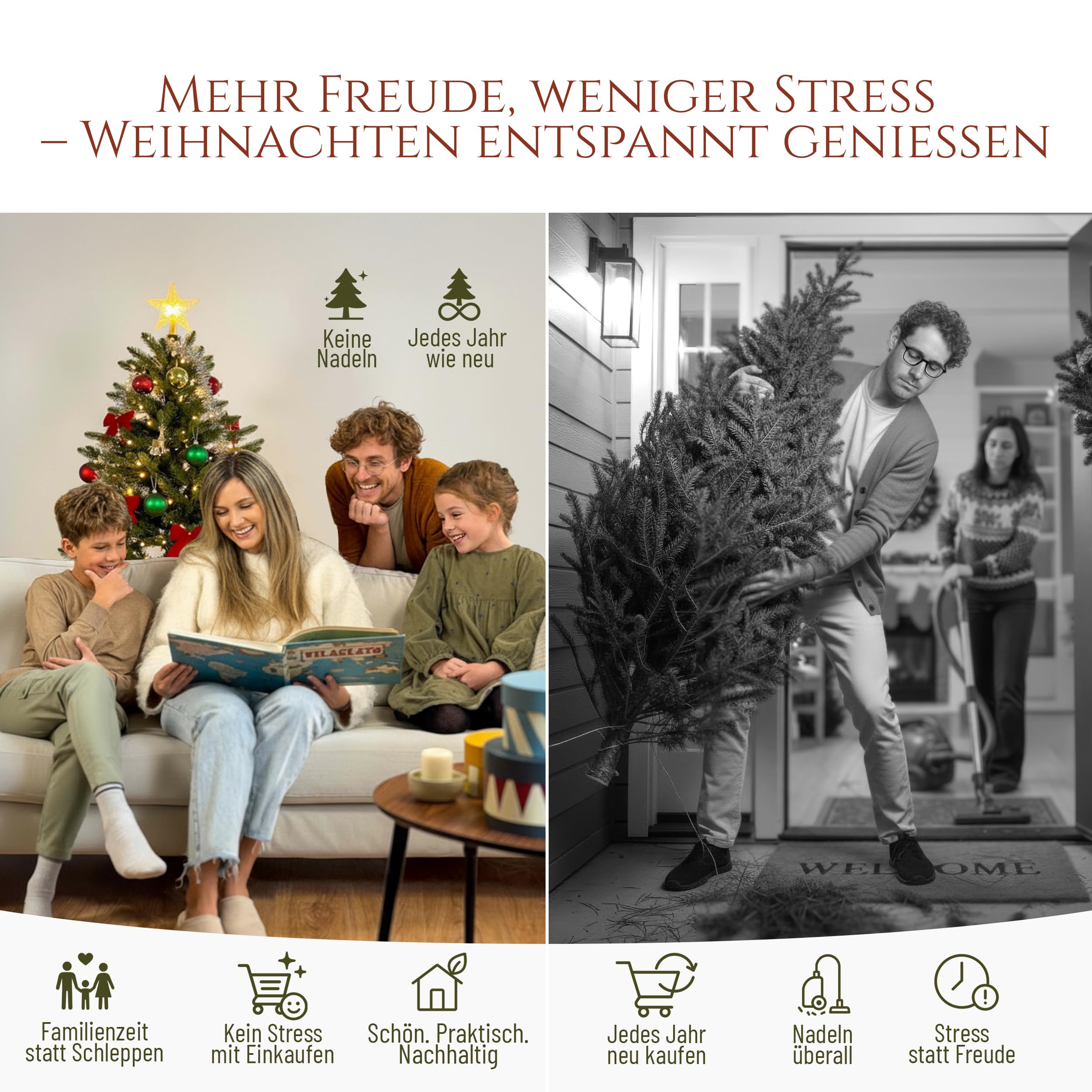Premium Weihnachtsbaum künstlich 180cm - TESTSIEGER 10 Jahre GARANTIE - Naturgetreu, dichte Zweige, Künstlicher Weihnachtsbaum mit Holzständer, Christmas Tree Tannenbaum künstlich 180 cm Pure Living