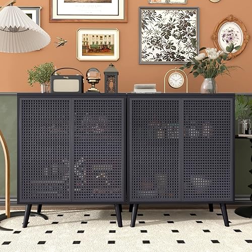2 Piece Buffet Cabinet, Metal Rattan Sideboard Buffet Cabinet Kitchen Accent Cabinet Modern Buffet Sideboard Cabinet 2 Doors for Kitchen Room Living Room Hallway, Black 2-Pack