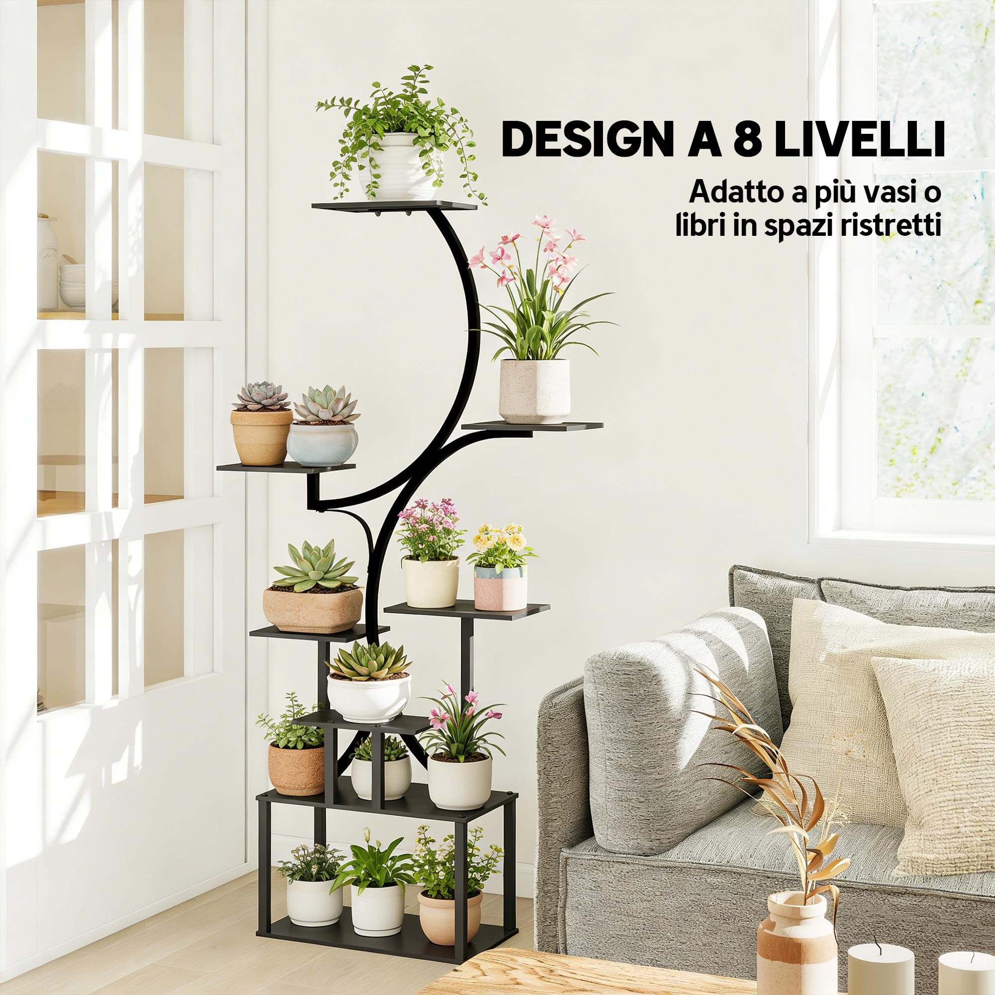 Outsunny Porta Piante a 8 Ripiani a Forma di S Portavasi 74x26x158.5cm Nero | Metallo, Portavasi da Interno ed Esterno, Giardino, Balcone, Patio, Soggiorno