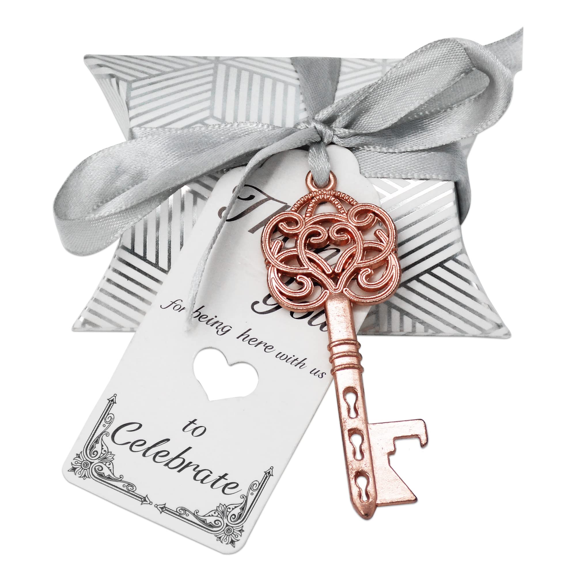 Aokbean 50pcs Vintage Skeleton Key Bottle Openers Wedding Favors Souvenir Gift Set for Guests Pillow Candy Box Escort Thank You Tag French Ribbon (Rose Gold 1)