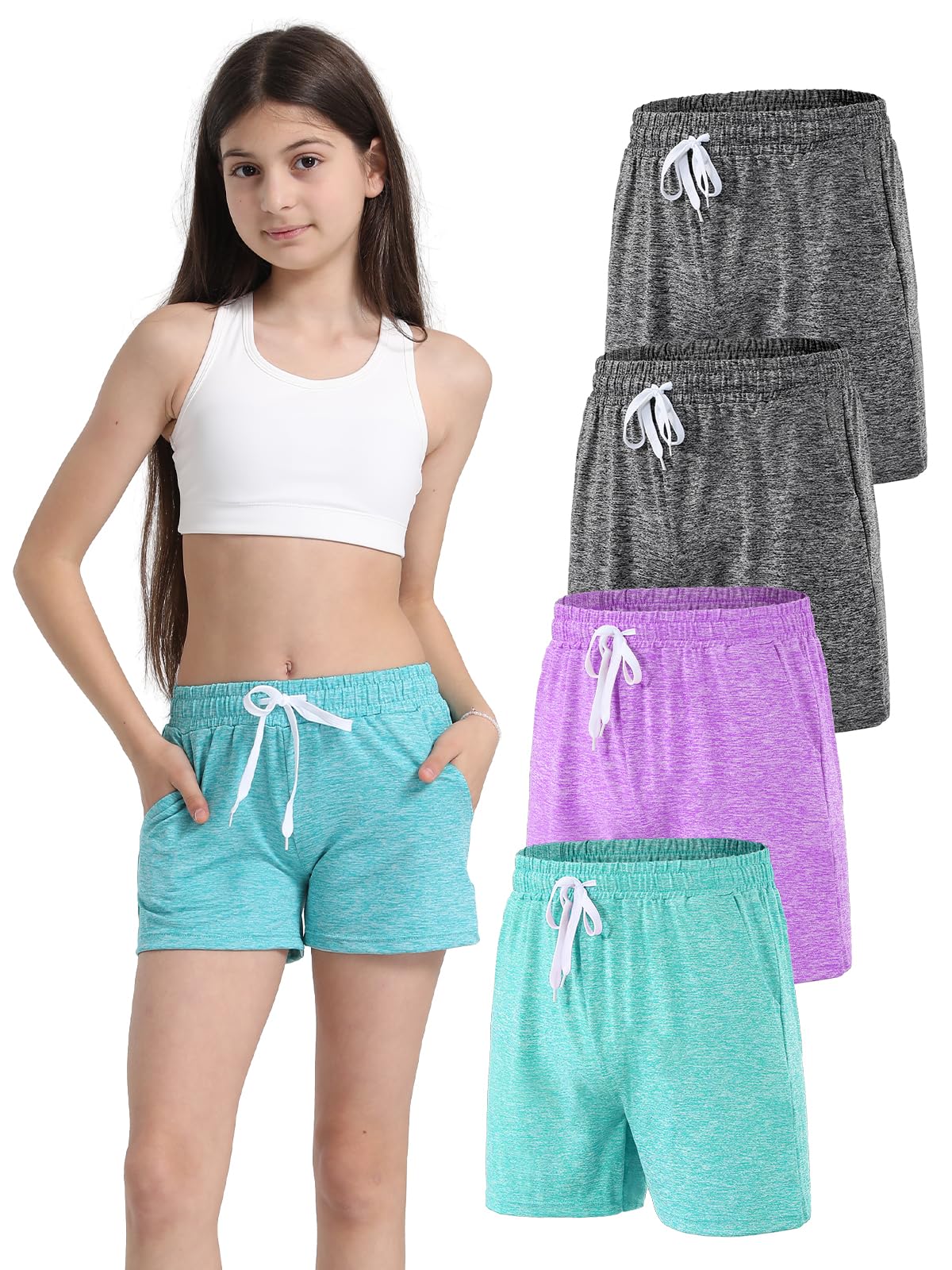 Celfaeree 4er Pack Mädchen Shorts Trainingshose Active Shorts Kurze Hosen with Elastischer Sommer Gym Running Radlerhose Kinder 6-16 Jahre