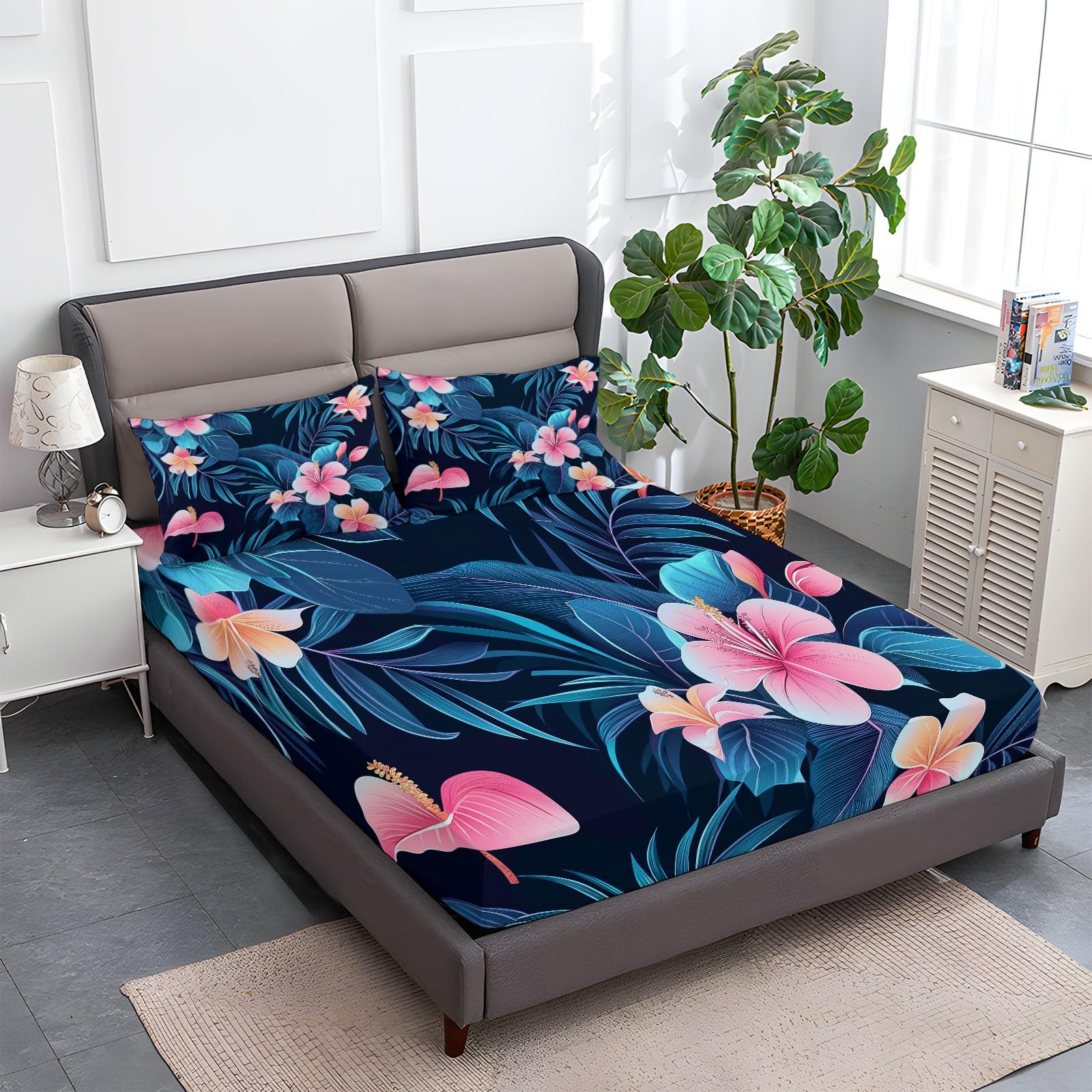 Drap Housse 180 x 200 cm avec Bonnet 30 cm, Feuilles Fleurs Plantes Tropicales Luxueuses Drap Housse Enfant, Drap Housse Matelas Epais Bleu Foncé, Microfibre Brossée avec Une Rebord Élastique