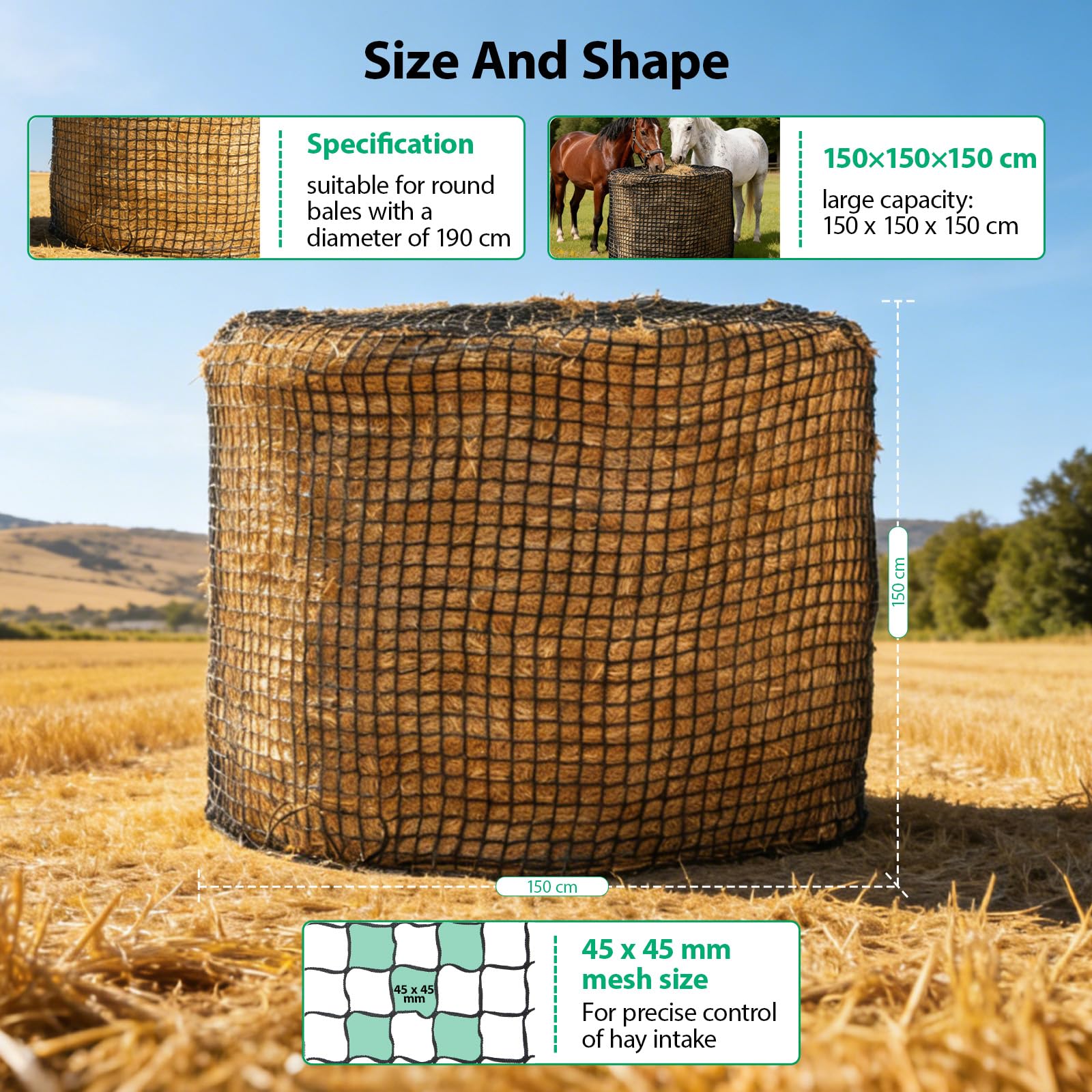 Rete Per Fieno Per Balle Rotonde,Maglia 4,5 X 4,5 Cm,150 X 150 Cm,Con Accessori Per La Riparazione,Rete Per Fieno Per Cavalli,Rete Per Fieno Grande Per Cavalli,Allungamento Dei Tempi Dei Pasti