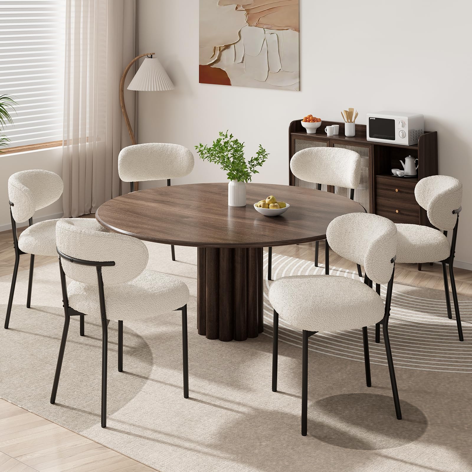 MALOL Dining Chairs Set of 6, Boucle Chairs for Dining Room with Metal Legs & Curved Backrest & Thick Cushion, Upholstered Teddy Fabric Sherpa Kitchen Chair with Anti-Slip Pads, Beige
