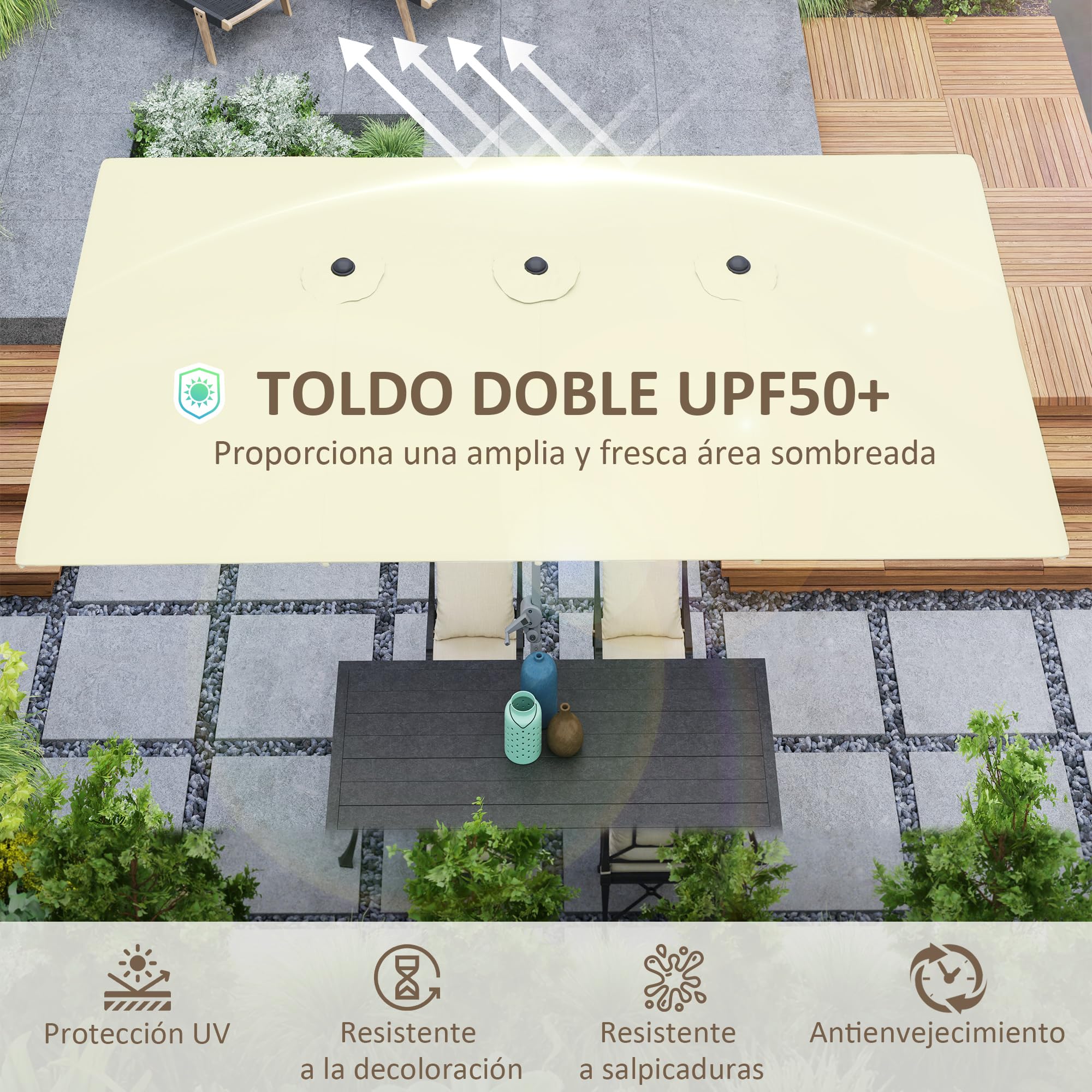 Outsunny Sombrilla Doble 4,5x2,6 m con Poste de Aluminio y Manivela Crema | Impermeable, Protección UV50+, Sombrilla Jardín Exterior, Parasol Grande para Playa Piscina Terraza