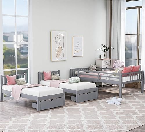 Miniatura 101 de Litera triple de madera maciza con cajones de almacenamiento y escalera, base de litera resistente con barandillas de protección para niños y