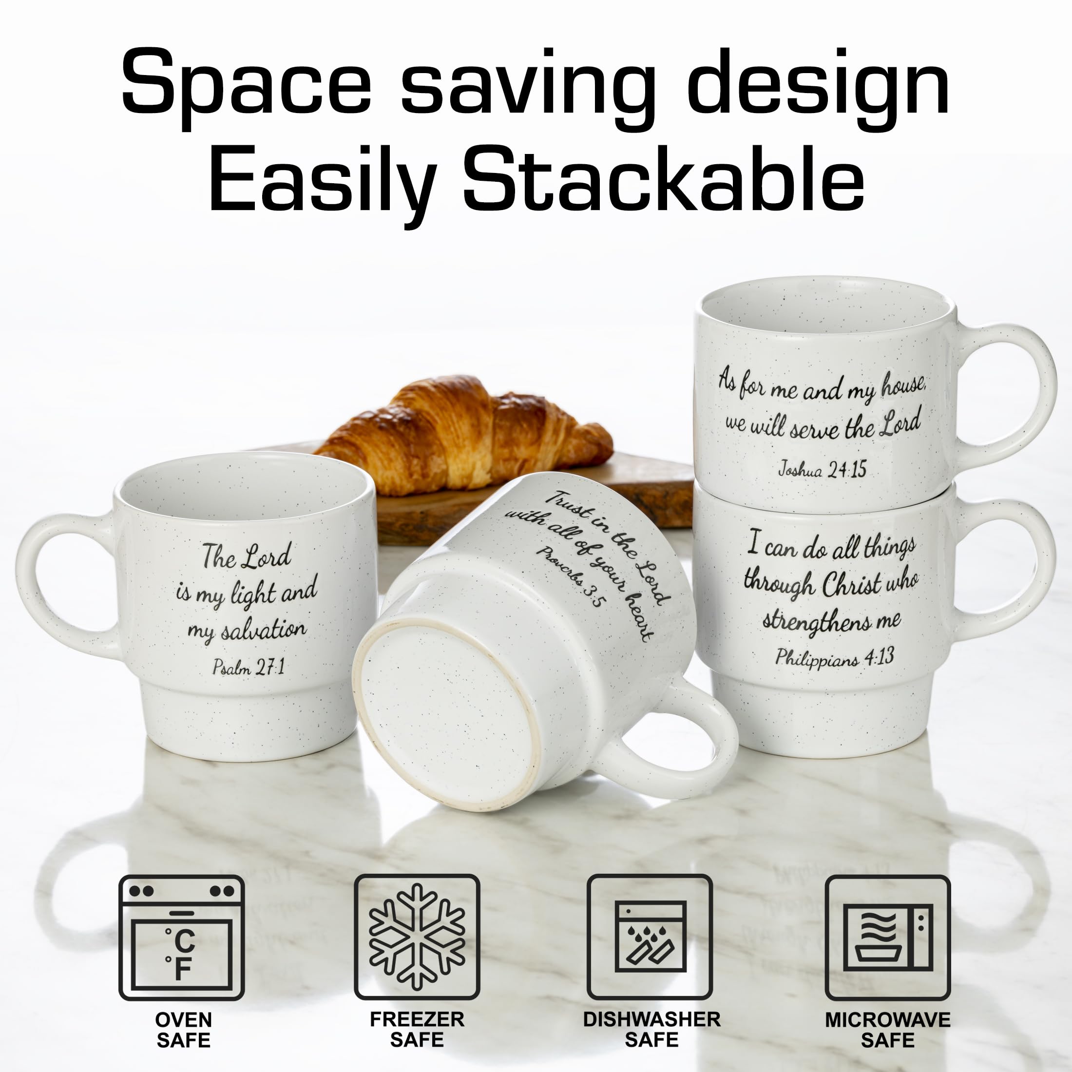 Signature Housewares Tazas de café inspiradoras con versículo bíblico, apilables, juego de 4 con soporte de metal, cerámica blanca