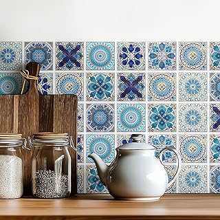 30 Pack Moroccan Tile Stickers, 4x4 Inch Peel and Stick Backsplash, Blue...