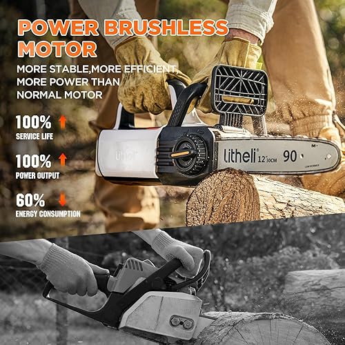 Miniatura 4 de Litheli Motosierra eléctrica sin escobillas de 12 pulgadas, motosierra con 2 baterías de 20 V MAX 2.0 Ah, motosierra inalámbrica de mano con