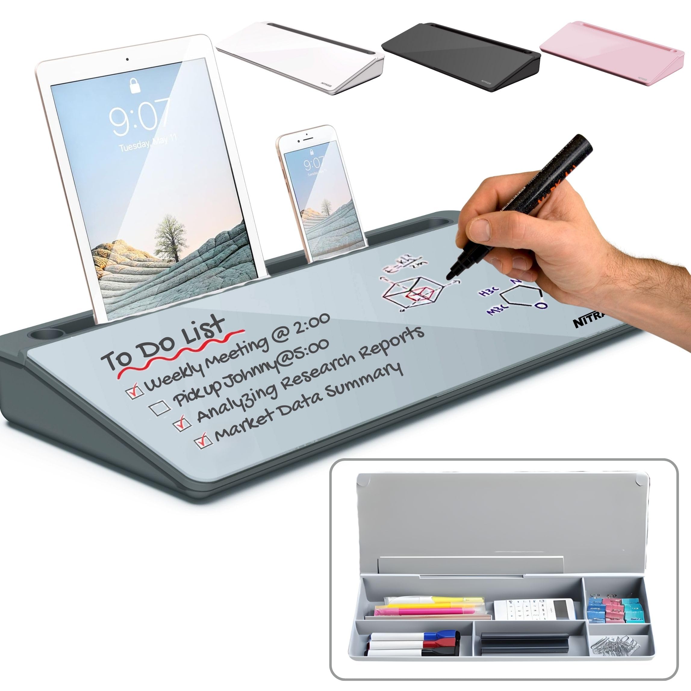 NITRAM Lavagna da scrivania o ufficio in vetro con cassetto portaoggetti e scomparto per accessori Dimensioni: 40,5 x 18,5 x 6 cm con cancellino.e 2 pennarelli (Grigio)