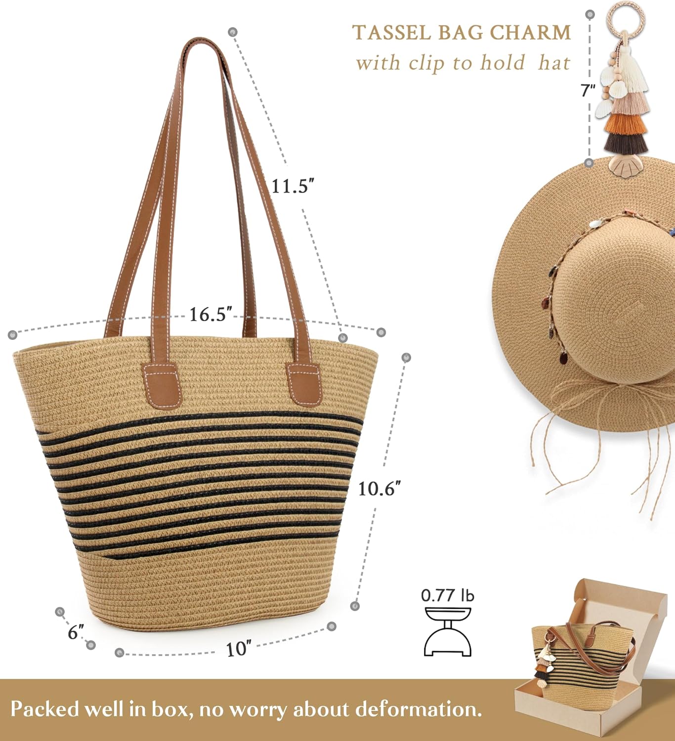 RUNROLE Straw Beach Tote Bag with Tassel Hat Clip for Travel, Handmade Lightweight Raffia Hobo Summer Shoulder Bag for Women - Image 4