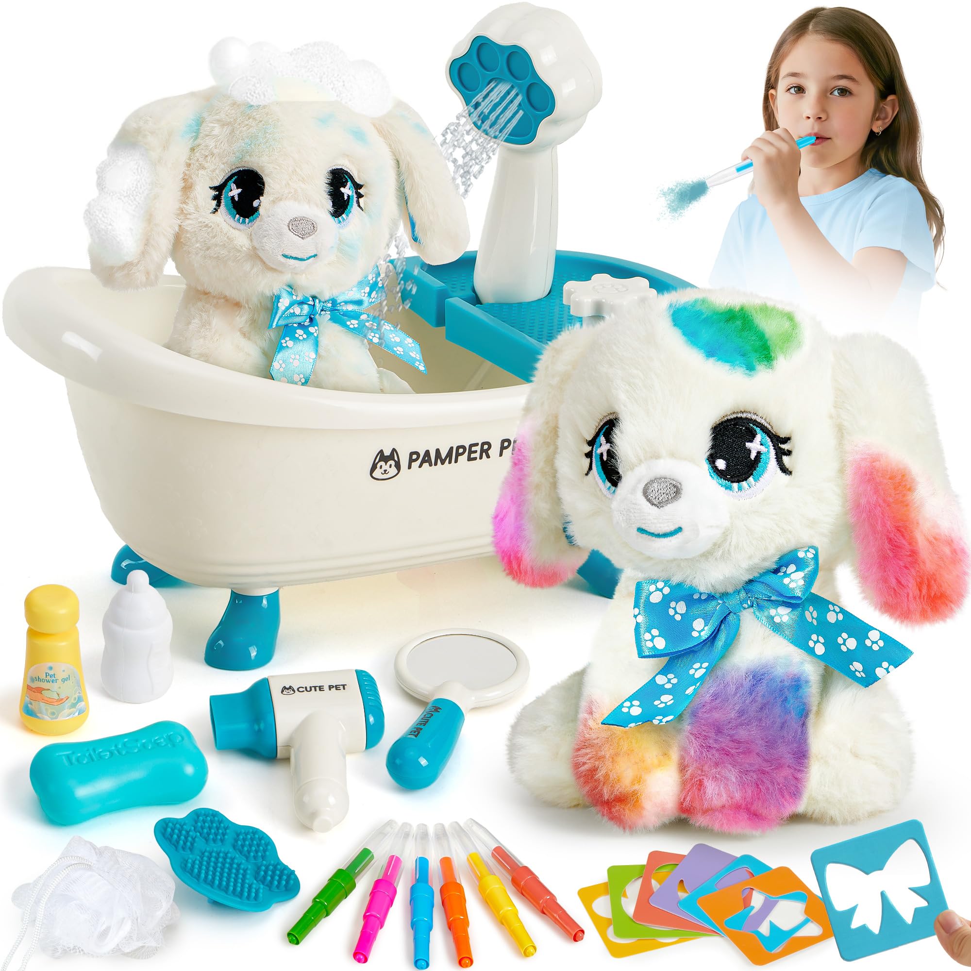 Toylink Hund Spielzeug Kinder, Hund Kuscheltier mit Drück-Wasser-Badewanne & Waschbaren Buntstifte, Kreatives Geschenk Mädchen 4 5 6 7 8 Jahre für Geburtstag Weihnachten