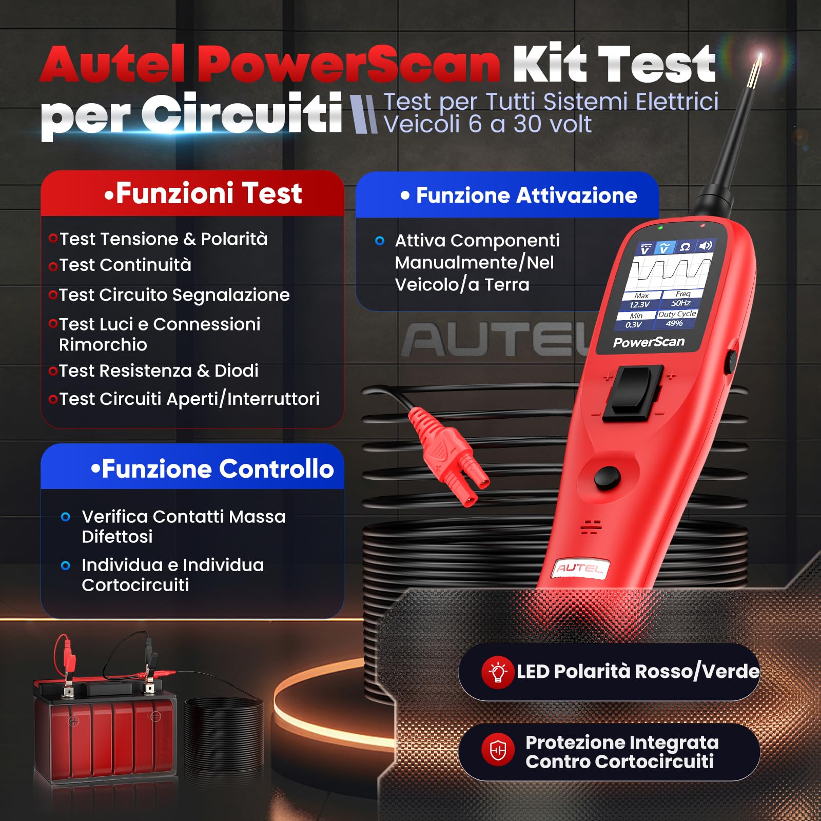 2026 Autel PowerScan PS100 Tester Circuiti Auto, Strumento Sonda Circuiti Alimentazion, Rilevatore Cortocircuiti Elettrici 12-24V, Resistenza Corrente CA/CC, Ciclo Lavoro & Prolunga 6M per Auto al 99%