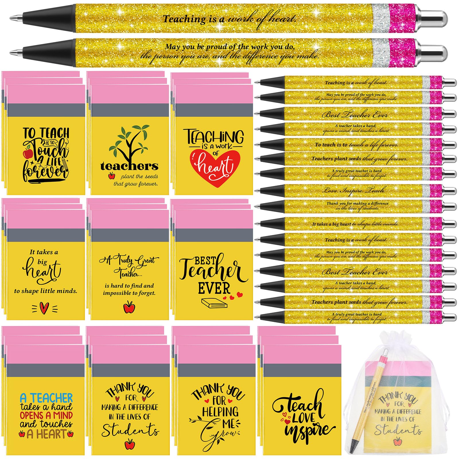 ReliThick 50 juegos de regalos para el regreso a clases para profesores, bolígrafos, mini cuadernos, regalos de agradecimiento para profesores, motivacionales, inspiradores, pequeños diarios con