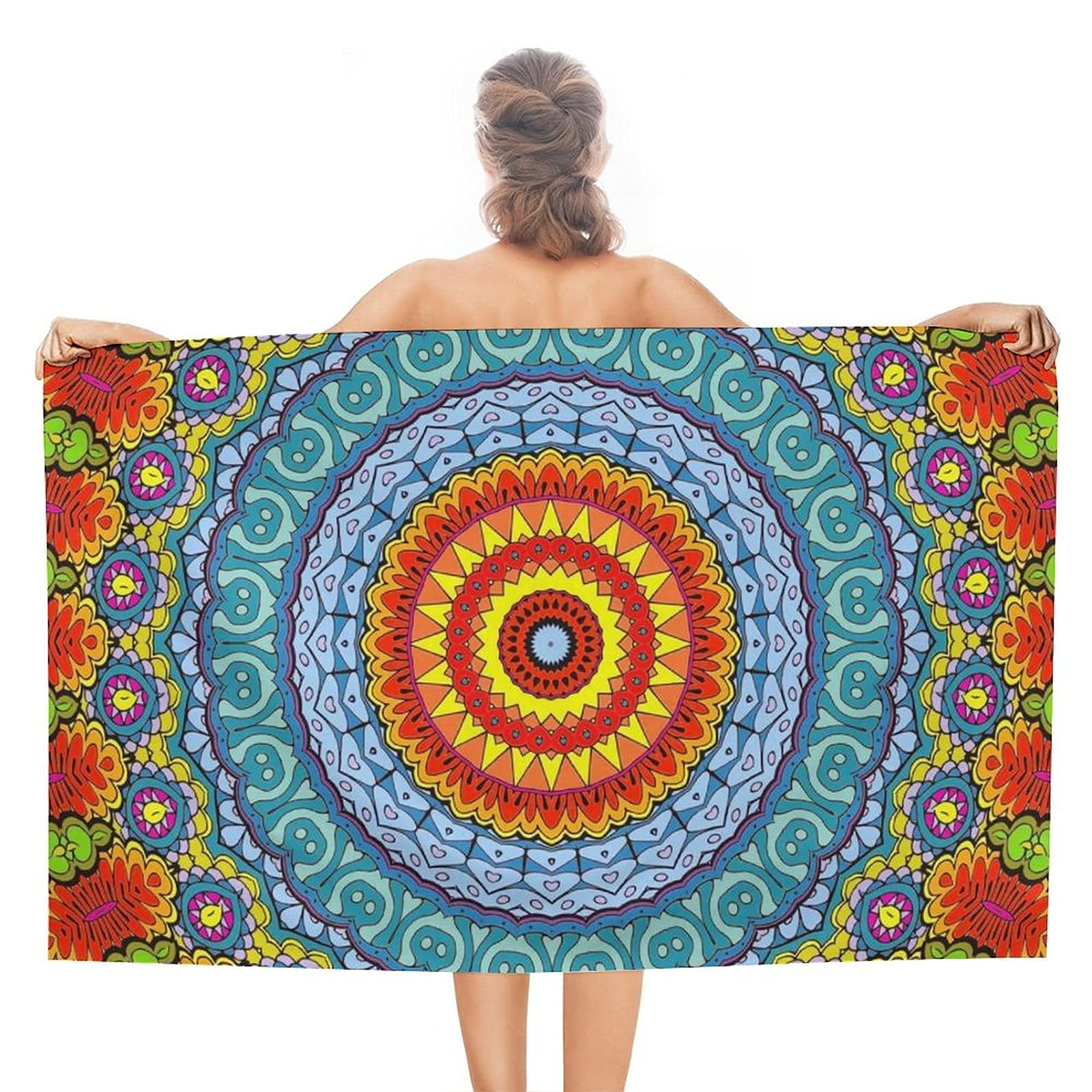 Lsjuee Mandala Beach Towels for Adults Light Weight Superfine Fiber Beach Towels for Adults Circle for Honeymoon Tropical Vacations Swimming Class Picnic Camping Exercise or Training Cruise 32INx52IN