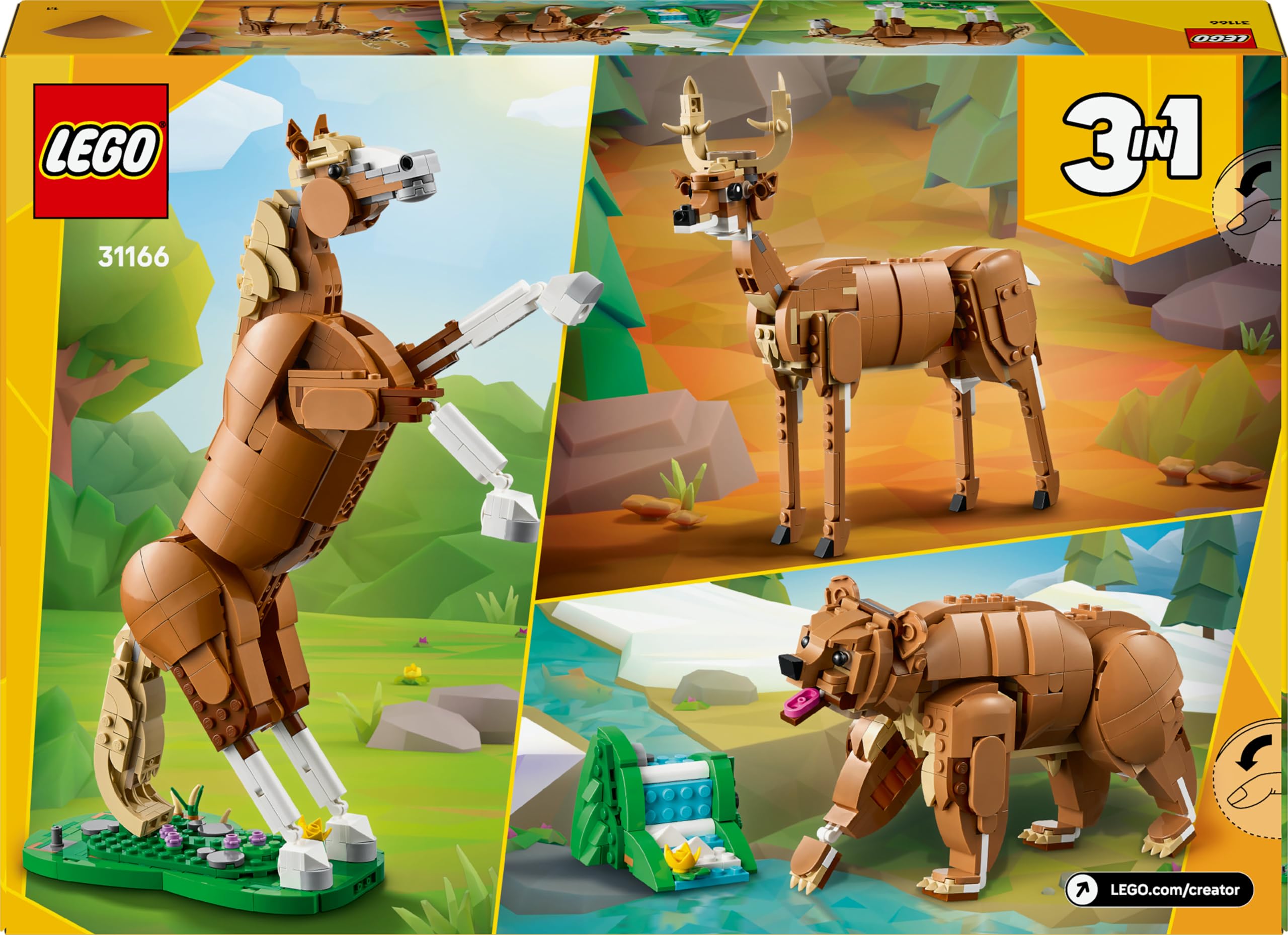LEGO Creator 3 en 1 Caballo Noble de Juguete - Set con Animables Transformables en Oso o en Figura Articulada de Ciervo - Regalo para Niñas y Niños de 9+ Años - Decoración del Dormitorio 31166