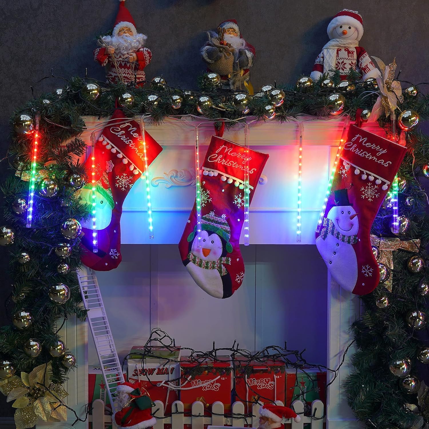 QITONG Meteor Shower Rain Lights Outdoor, Multicolor Christmas Lights 12 inch 8 Tubes 192 LED, Falling Rain Snowfall Light Cascading Light for Christmas Tree Wedding