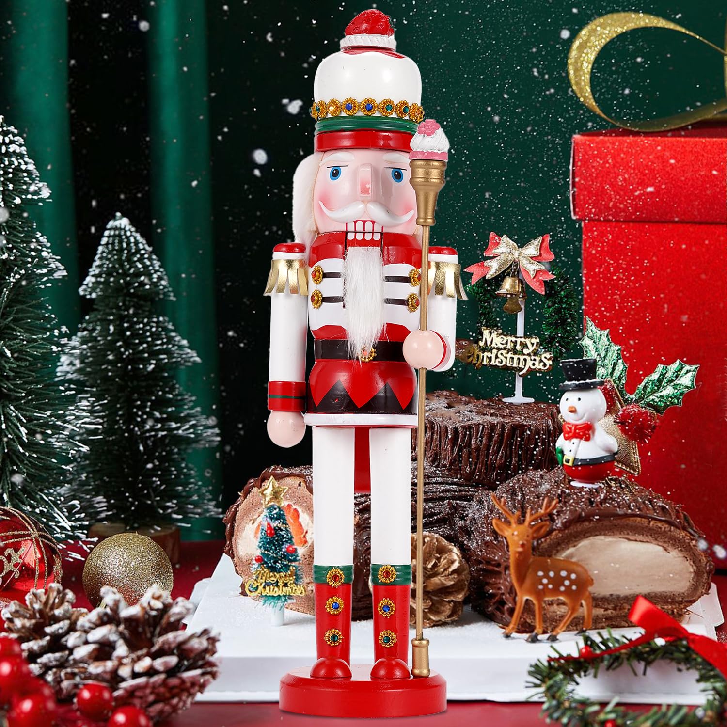 Schiaccianoci gigante da 38 cm (15") con bastoncino di zucchero e gelato - Figura da collezione in legno - Decorazione natalizia creativa per casa, feste o come regalo (versione gelato)
