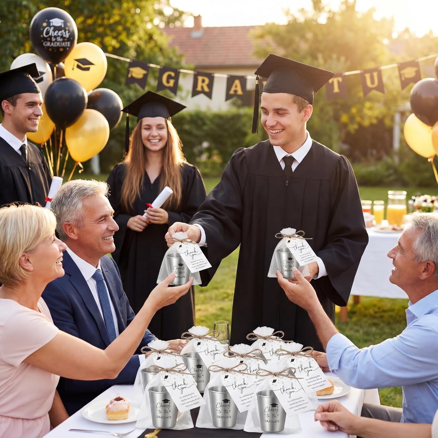 Maxcheck 50 Sets Class of 2026 Graduation Party Favors Stainless Steel Shot Glasses Bulk with Thank You Cards and Gift Bags Grad Gifts for College High School Guests Classmates Teachers Family(Black)