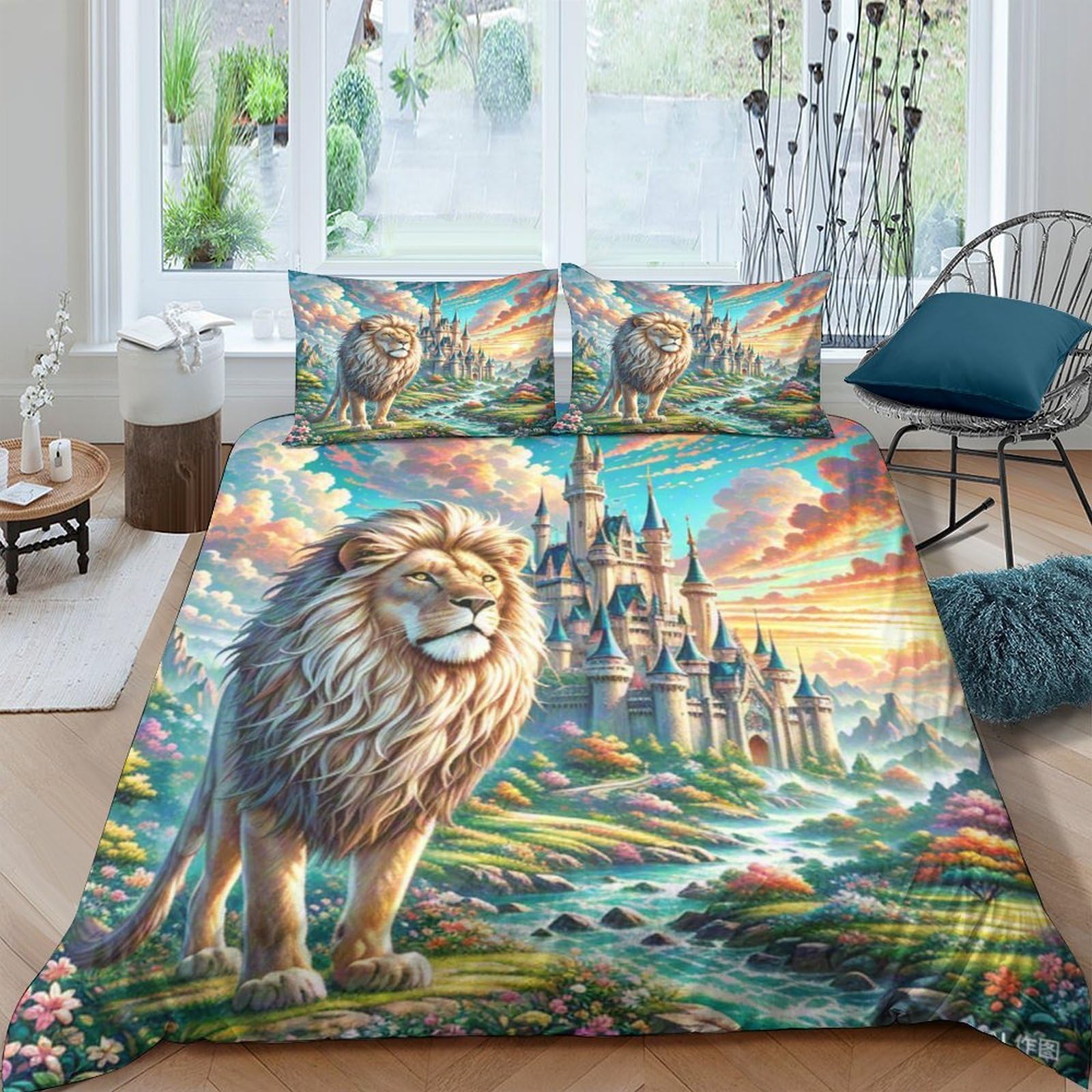 Housse couette lion 3D lit double ado fermeture éclair microfibre