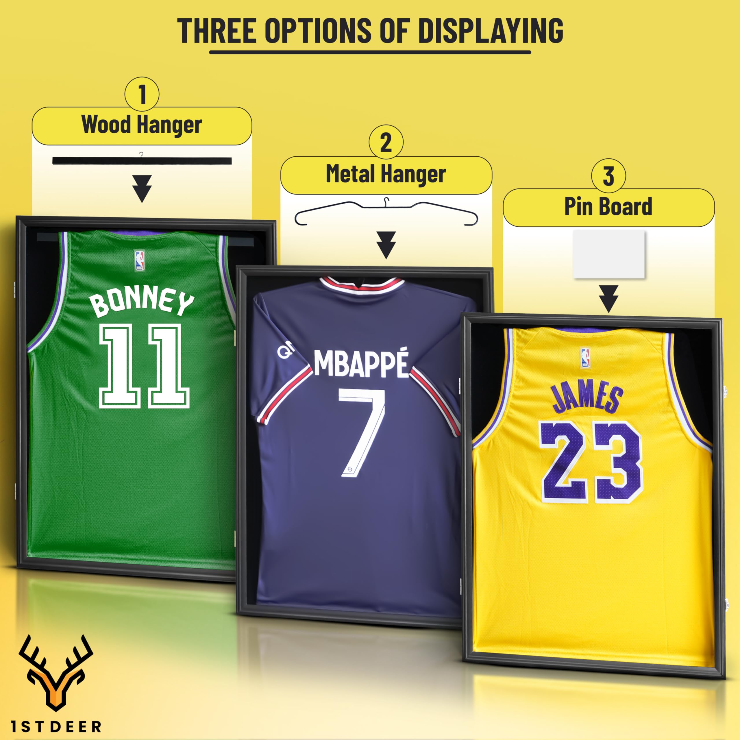 1st Deer Jersey Frame Display Case – Lockable Shadow Box with 98% UV Protection – 2 Hangers, Pin Board – for Baseball, Basketball, Football, Soccer, Hockey, Sports & Unifrom Shirt – Large, Black
