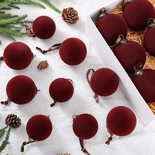 Foilswirl 18 Pcs Velvet Christmas Balls Bulk 3.15, 2.76, 2.36 Inch, Flocked Xmas Tree Ball Ornaments Plastic Velvet Christmas Ornaments Xmas Tree Hanging Decoration(Wine Red)