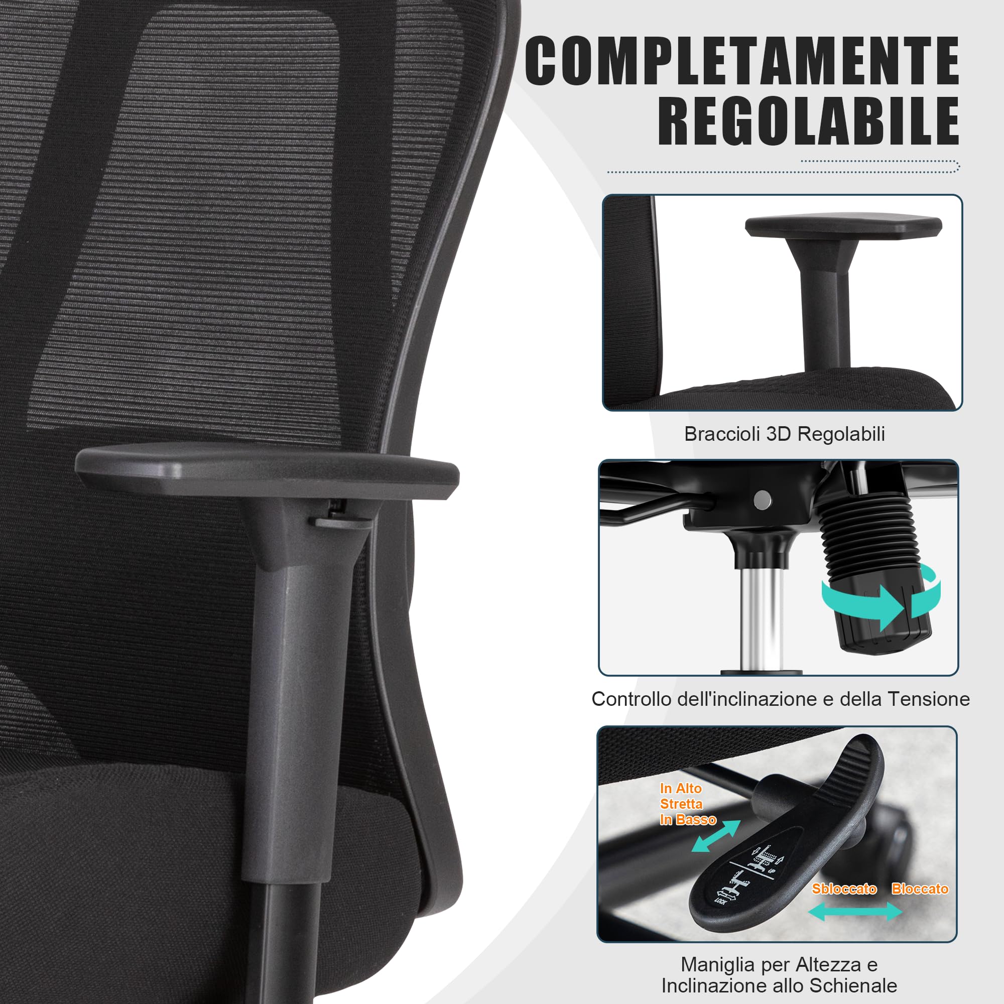 UEV Sedia Ufficio Ergonomica Portata 230KG, 73 x 69 x 93-103 cm, Nero