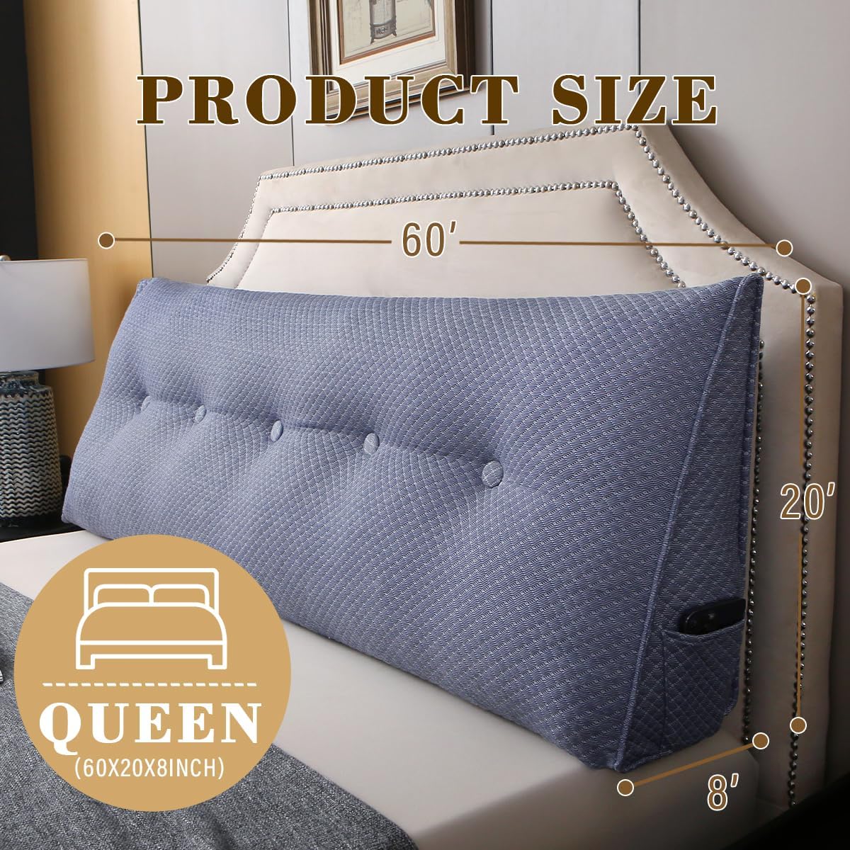 wedge headboard pillow for bed, queen dorm headboard pillow support for sitting up, reading, relaxing, bolster pillow with removable washable cover, blue queen blue