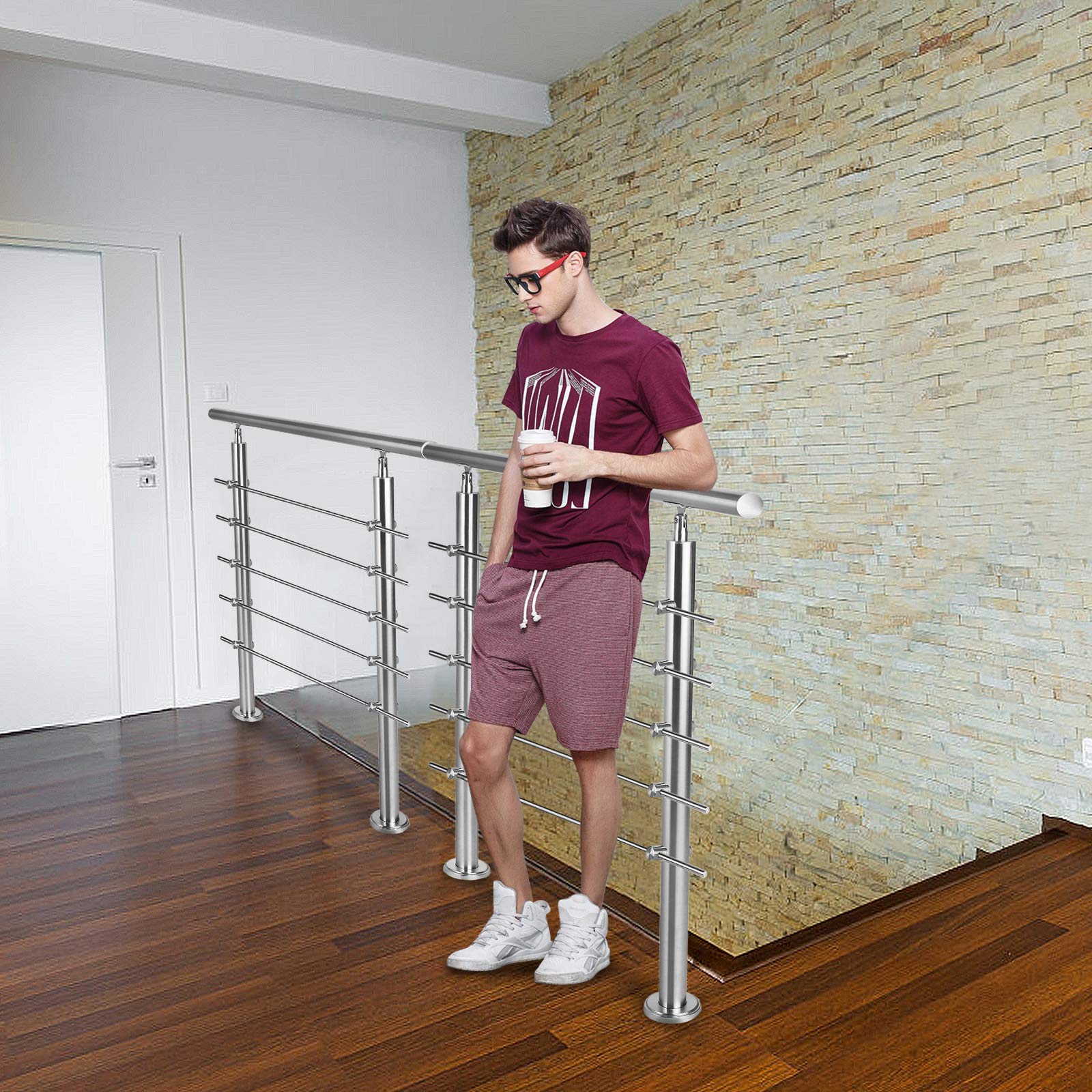Froadp Poręcze ze stali nierdzewnej, wytrzymałe balustrady schodowe z 2 słupkami, zestaw balustrad bezpieczeństwa do użytku wewnątrz i na zewnątrz, balustrada na schody, balkon, patio, taras, do