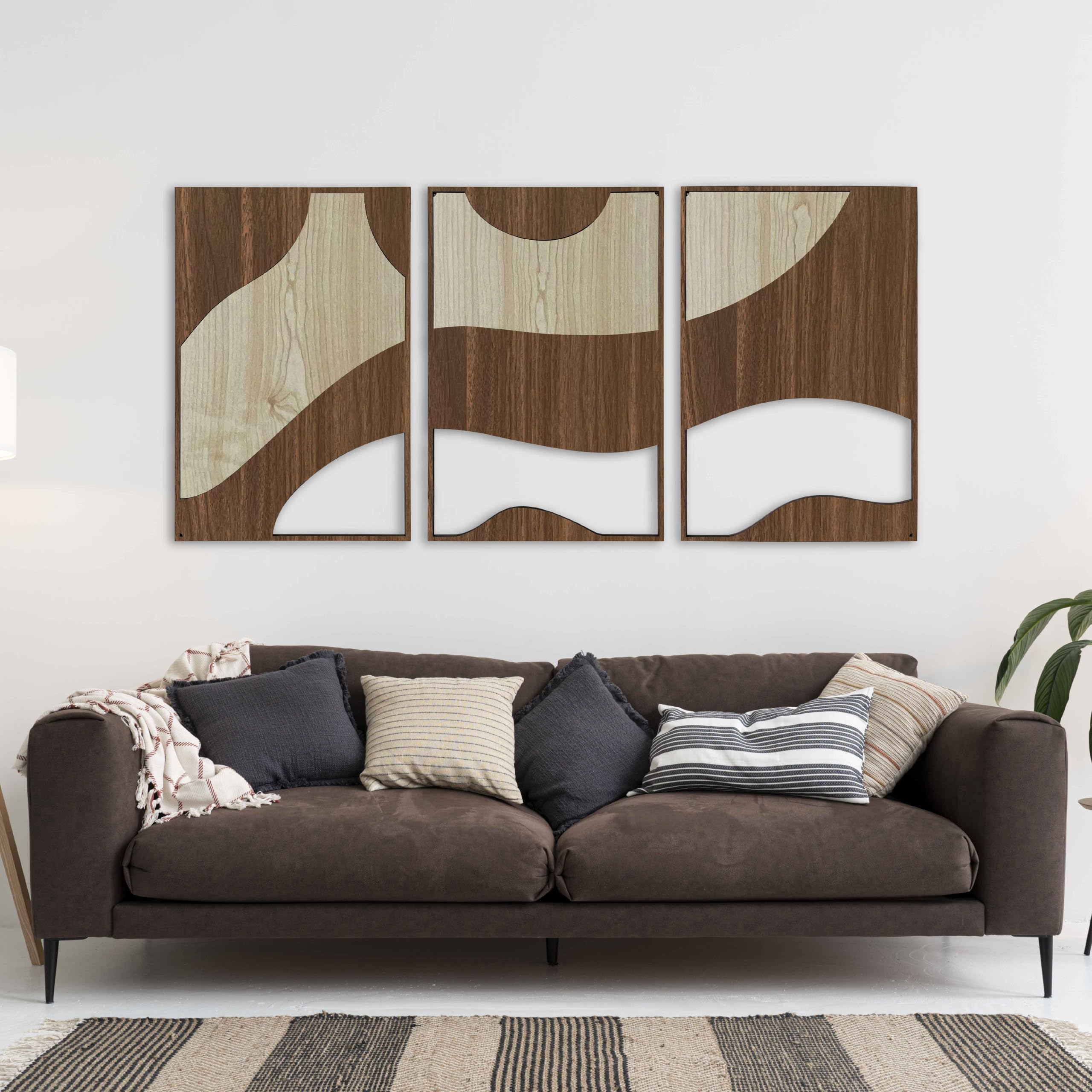 Zeitgenössische Holzwandkunst, Triptychon, abstrakte Kurven im Erdton, Wanddekoration, moderne neutrale Wandpaneele, neues Zuhause, Akzente, Geschenk für Wohnzimmer und Schlafzimmer