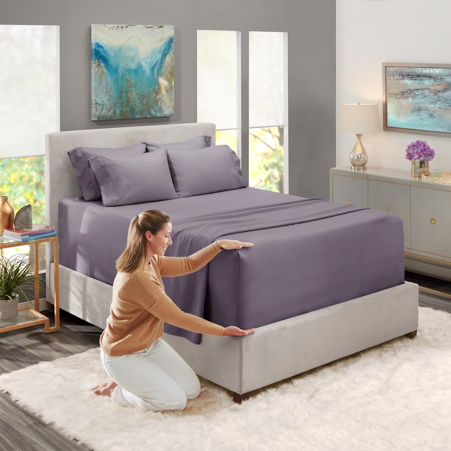 Hearth & Harbor Extra Deep Pocket Sheet Sets, Luxury Soft 6 Piece Bed Sheet Set Fits Mattress 18-24 Inches - King, Grayish Purple - Image 3