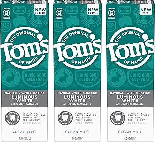 Tom's of Maine Natural Luminous White Toothpaste with Fluoride, Clean Mint, 4.0 oz. 3-Pack (Packaging May Vary)