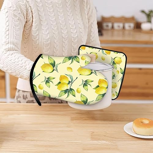 Miniatura 6 de Guantes de horno amarillos limón y soportes para ollas de cocina, juego de 2 piezas, almohadilla resistente al calor para hornear, barbacoa,