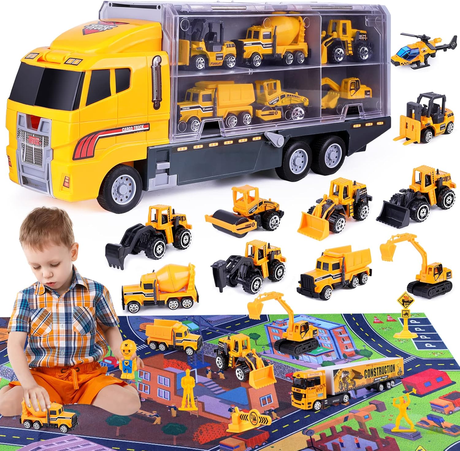 arscniek Toddler Toys for 3 4 5 6 Years Old Boys, Die-cast Construction Vehicles Toy Kit with Play Mat, 24 in 1 Alloy Carrier Mini Truck Set Transport Car Toy for Kids Boys Girls Age 3+ : Toys & Games