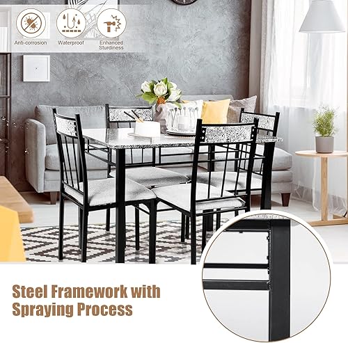 Miniatura 3 de COSTWAY Juego de comedor de cocina de 5 piezas, juego de mesa de comedor de mármol con cojín de esponja y estructura metálica, juego de mesa de