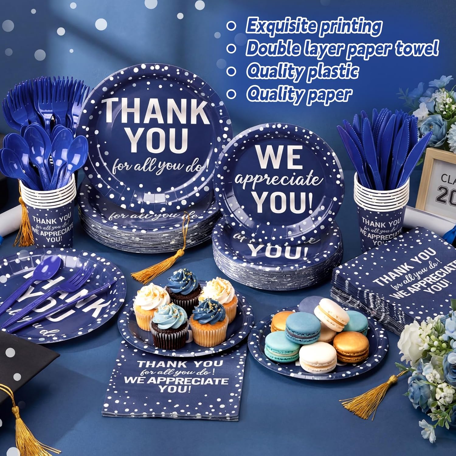 Funnymoom 384 Pcs Graduation Thank You Plates Napkins Appreciation Party Decorations Supplies We Appreciate You Disposable Tableware for Teachers Employee Staff (Blue)
