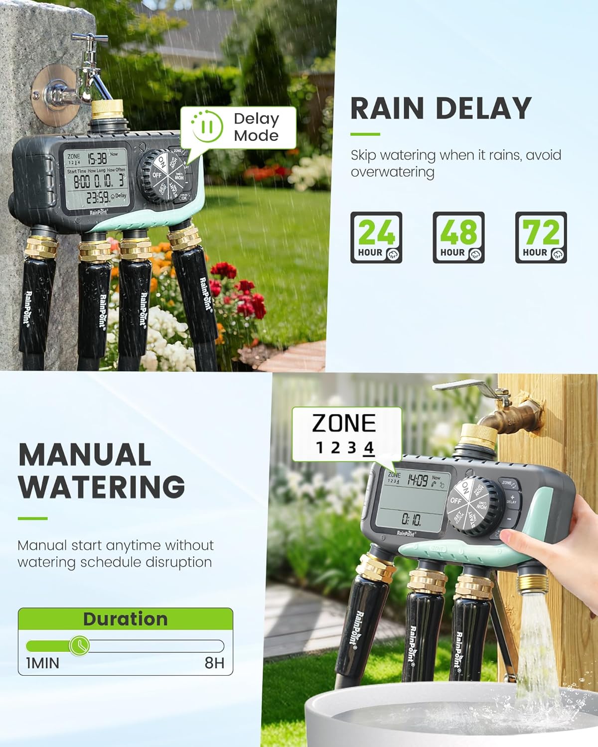 RAINPOINT Sprinkler Timer 4 Zone, Water Timer for Programmable, for Soaker Hose with Rain Delay/Manual/Automatic Watering System, Digital Irrigation for Yard, Lawn