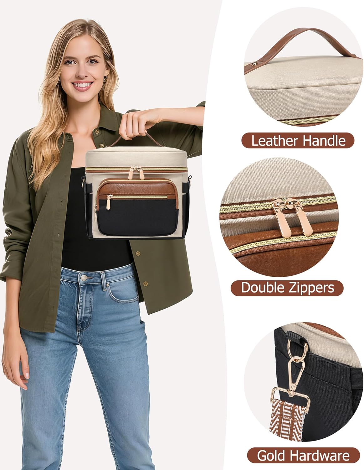 BAVERGE Insulated Lunch Bag for Women, Leakproof Cooler Lunchbox for Adult Work Large Lunch Tote Purse with Adjustable Shoulder Strap Cup Holder for Meal,Brown - Image 6