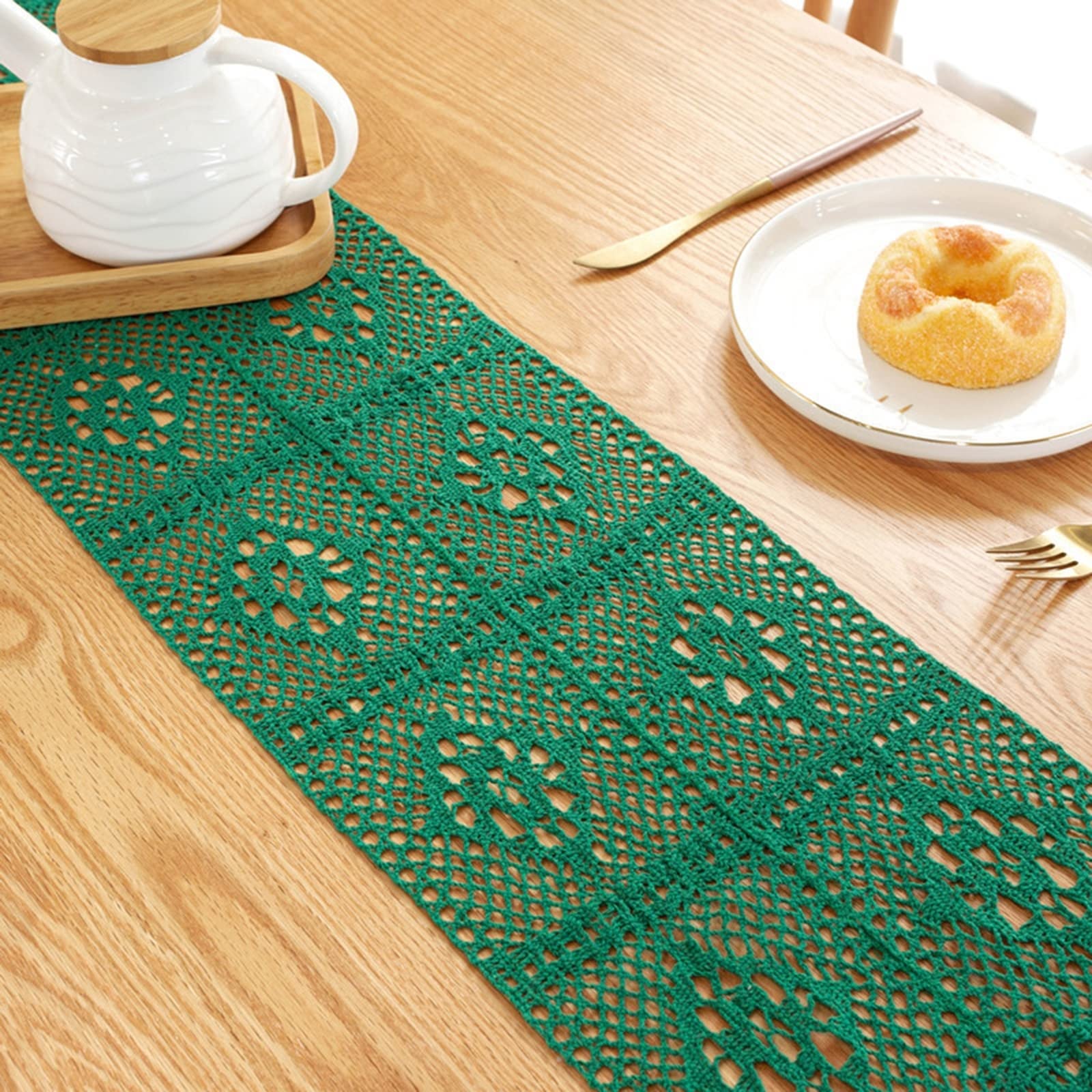 WXKAGF Runner da tavola Lavabile, Runner da tavola a griglia Cava, Verde, un'attrazione per la Primavera Estate, Runner da tavola, Cotone, 24 x 220 cm