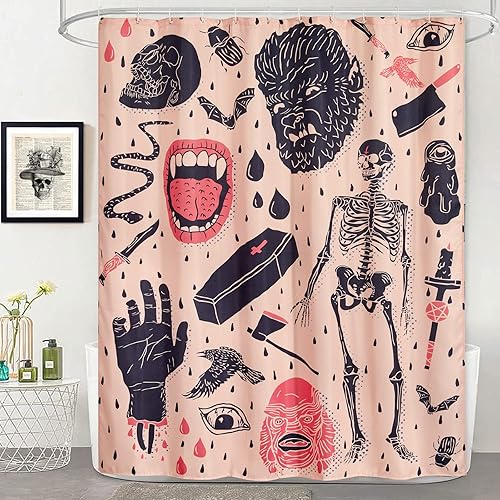 Estmy Juego de cortinas de ducha góticas vintage extra largas de 84 pulgadas de largo, tela de gofre, espeluznante, esqueleto, calaveras,