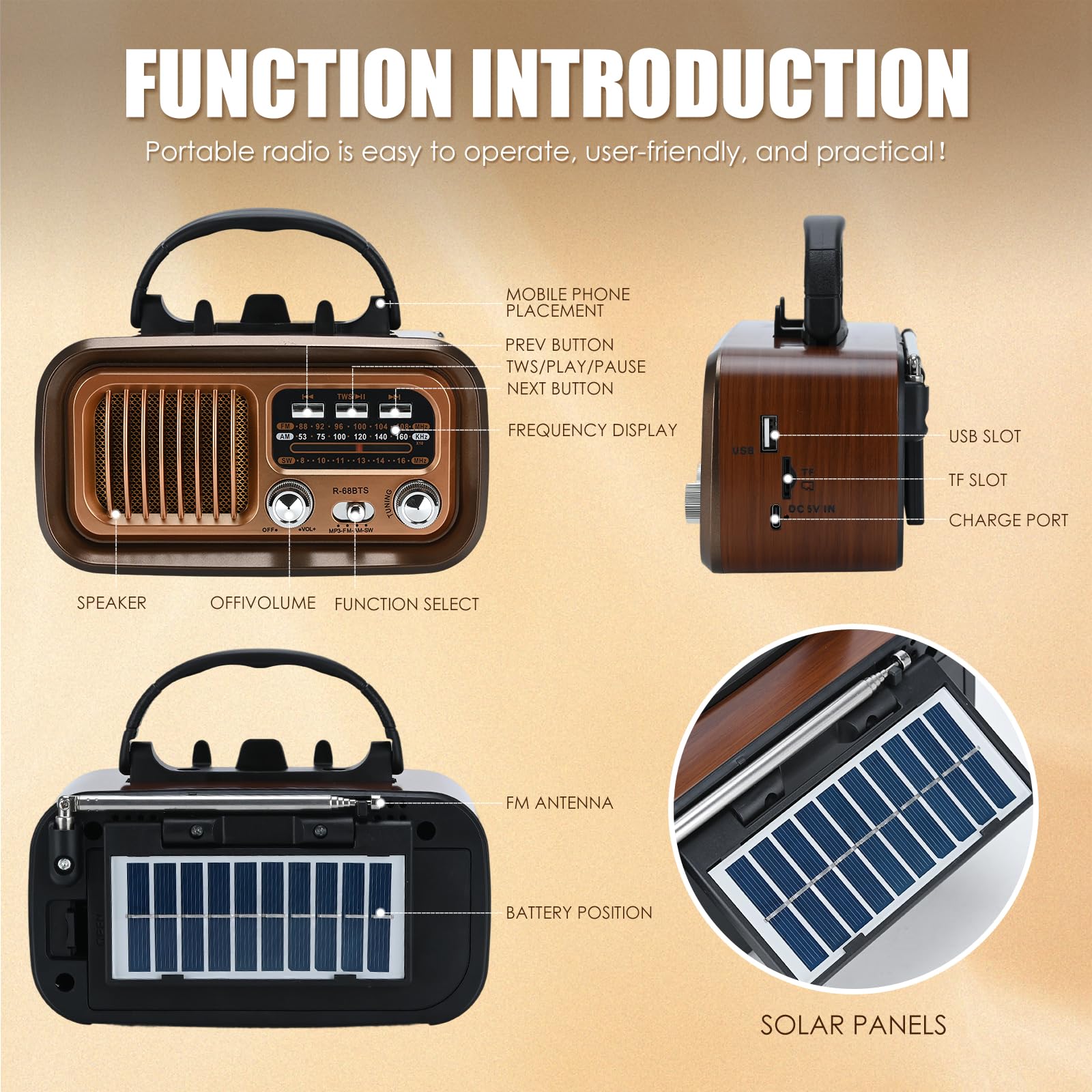Radio Retro portátil, Radio portátil con Bluetooth, Am/FM/SW Bandas, Batería Recargable y Panel Solar-soporta Tarjeta USB/TF, emparejamiento TWS, diseño portátil para Cocina, baño, Viajes (café)